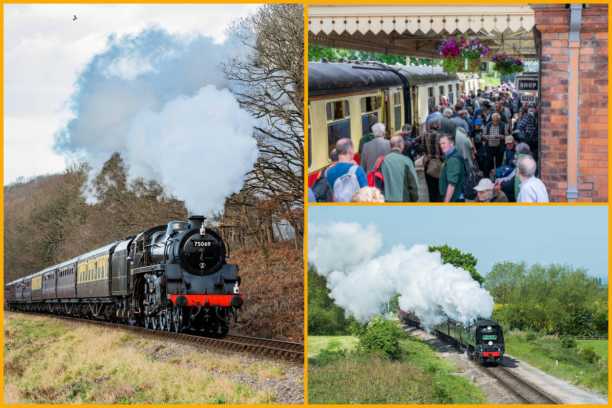 Collage (left to right) 75069, Crowded platform at Cotswold Fest of Steam 2024, 34092 photographed by Jack Boskett.